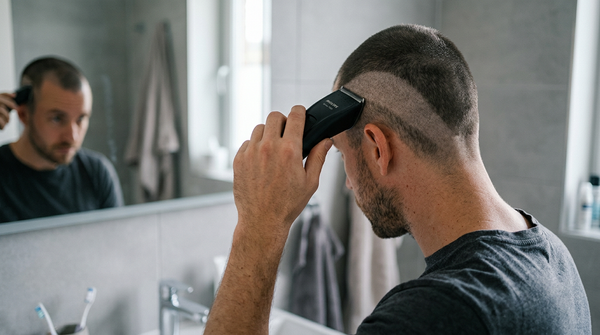 Man scheert zijn eigen hoofd kaal met een draadloze tondeuse